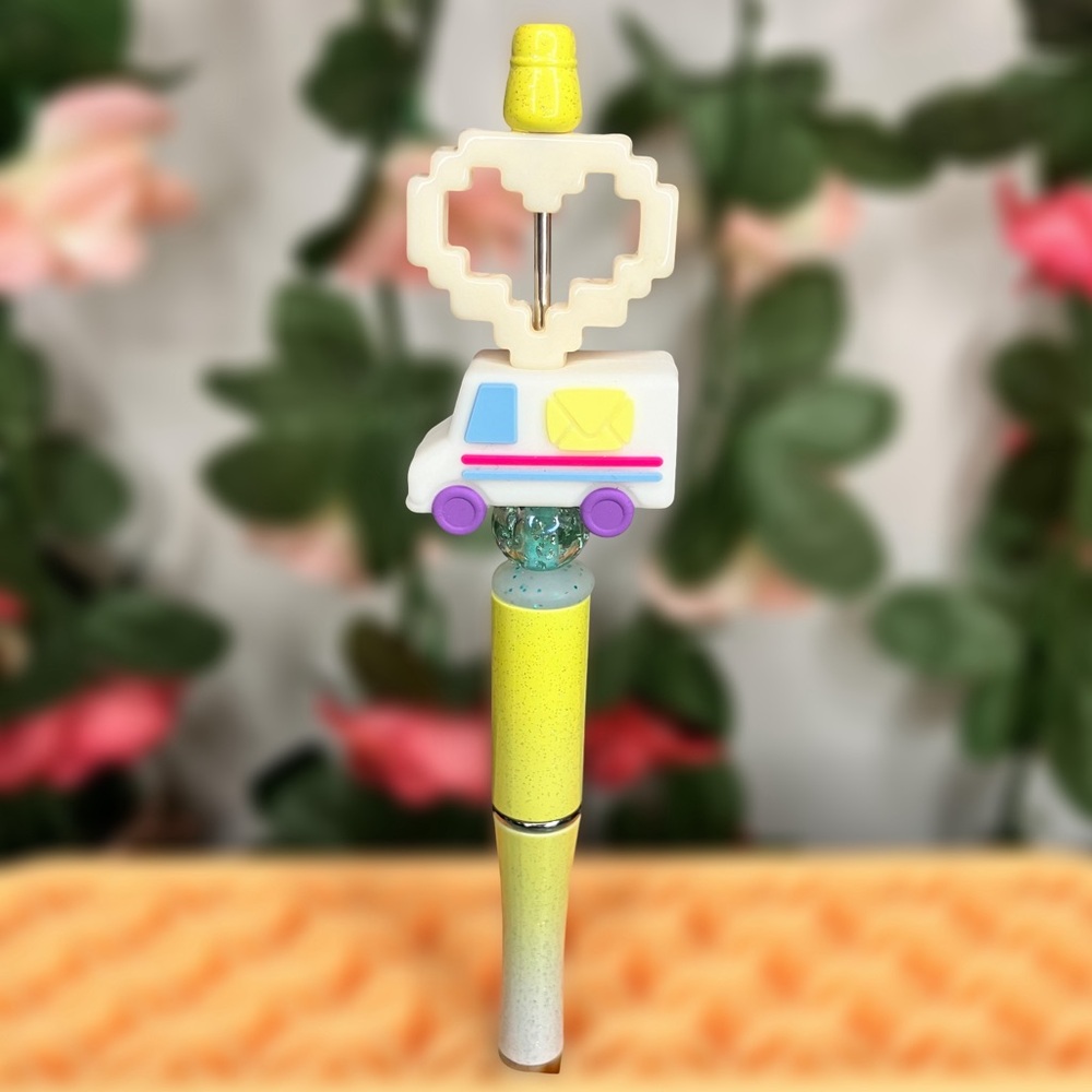 Handmade Beaded Pen with Mail Truck and Cute Digital Style Heart